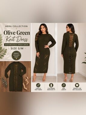 Hera Collection Olive Green Distressed Back Knit Midi Dress Size S/M